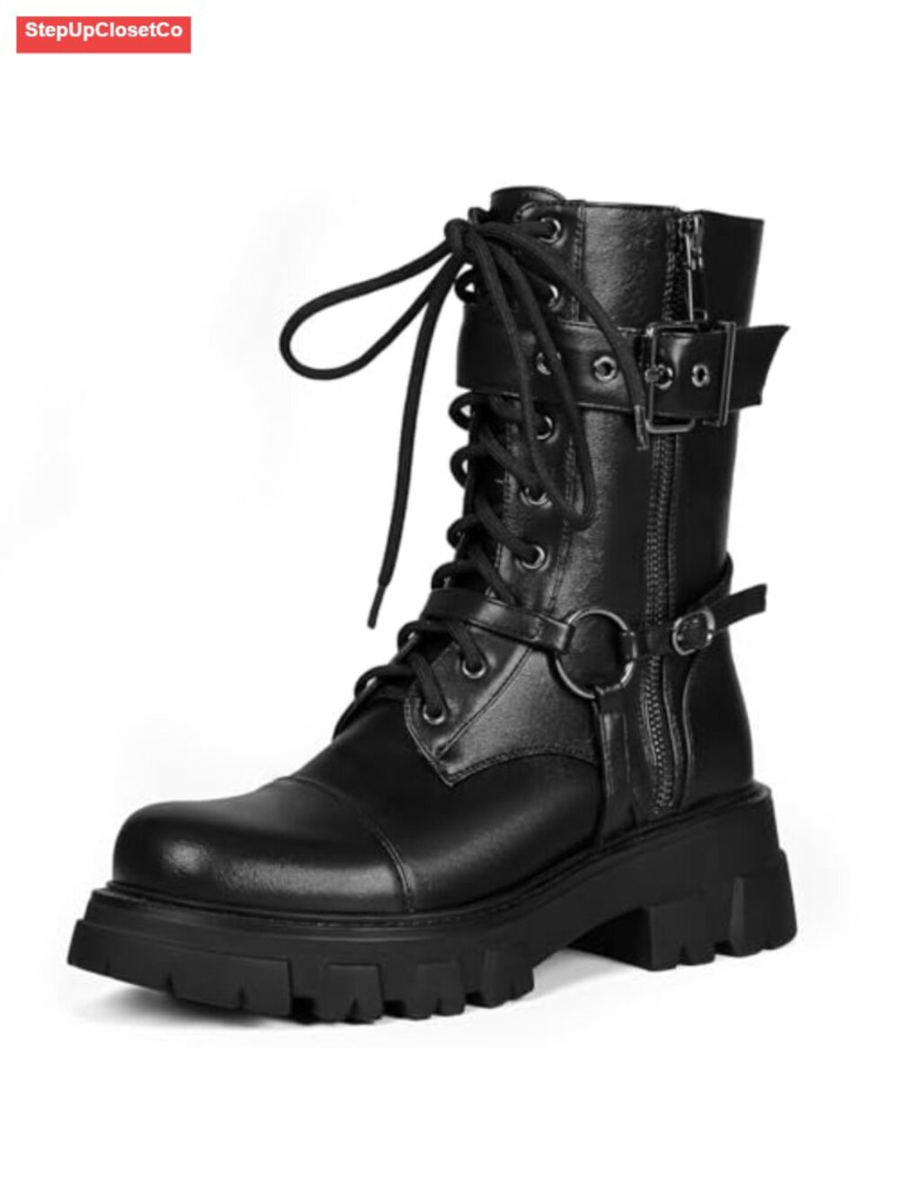 Women's Harness Motorcycle Biker Boots Steampunk Chunky Mid Calf Goth Lug Sole